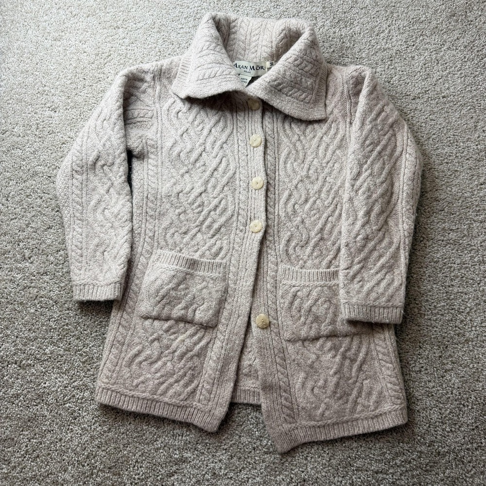 Aran Mor Cardigan Sweater Womens Medium Beige Collared Cable Knit Wool Ireland